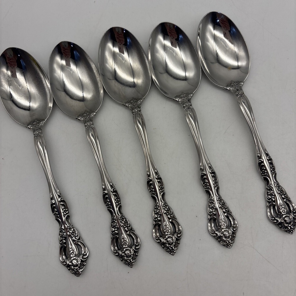 5 Oneida Heirloom MICHELANGELO SOUP SPOONS 6 5/8" Stainless CUBE Logo USA